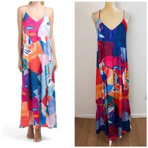 Nicole Miller NY Matte Abstract Print Charmeuse Maxi Dress Size S Multicolor